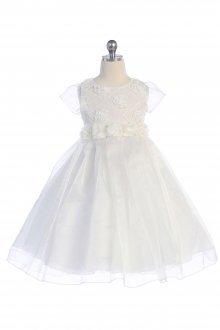 White Short Sleeves Organza Flower Girl Dress with Embroidered Roses